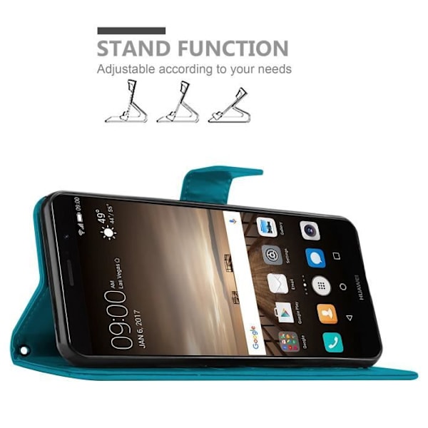 Coque - CADORABO - MATE 9 - Similicuir - Blommig - Ställfunktion och fack för kort Blå
