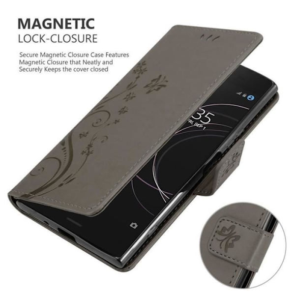 Fodral - CADORABO - Sony Xperia XZ1 - Blommigt konstläder - Magnetisk stängning - Stativfunktion Grå