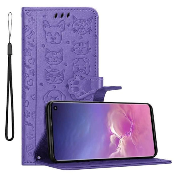 Cadorabo Fodral för Samsung Galaxy S10 4G i SHINY VIOLET Skyddsfodral Hundar Katter Motiv Stativ Funktion