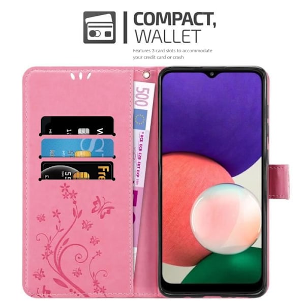 Coque för Samsung Galaxy A22 5G - CADORABO - Rosa Blommig - Kunstläder - Ställfunktion - Plånbok Rosa blommig