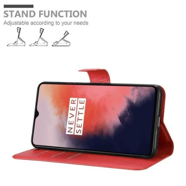 Fodral - CADORABO - OnePlus 7T - Rött konstläder - Stativfunktion - 3 kortfack Röd