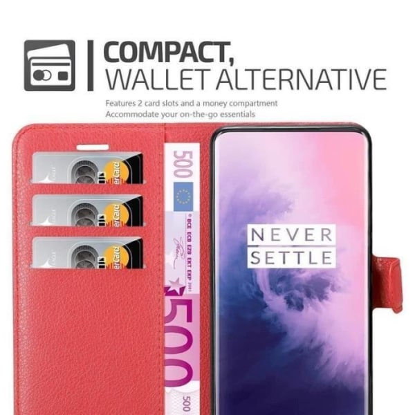 Fodral - CADORABO - OnePlus 7 PRO - Rött konstläder - Stativfunktion - 3 kortfack Röd