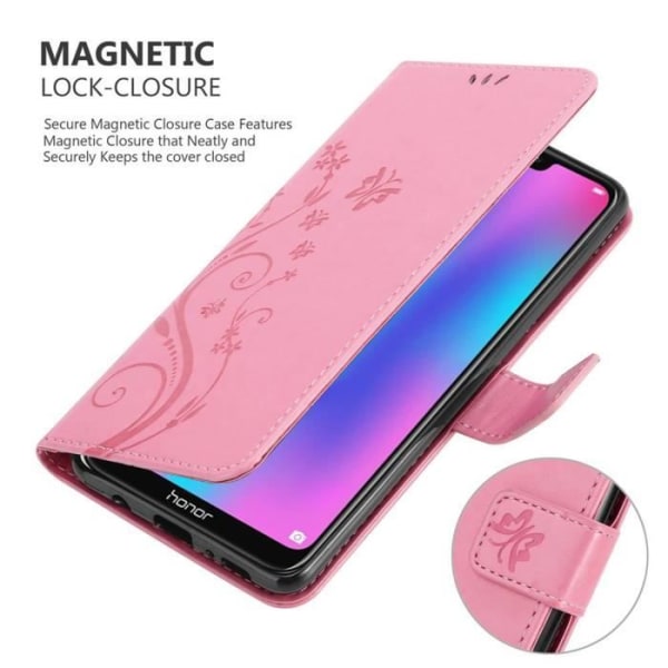 Etui för Honor 8C - CADORABO - ROSA FLEUR - Syntetiskt läder - Ställfunktion - Kortfack ROSENFLORTLAR