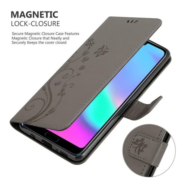 Fodral med lock för Honor 10 Etui i GRÅ BLOMMÖNSTER Skydd Design Blommig Plånbok Grå