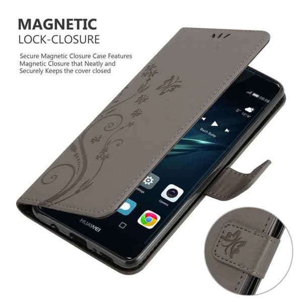 Fodral med lock för Huawei P9, Grå Blommig Design, Plånboksfodral Grå