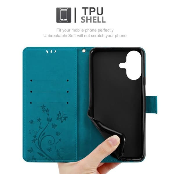 Fodral med lock för iPhone 17 Etui i BLÅ BLOMSTER Design Floral Plånboksskydd Blå