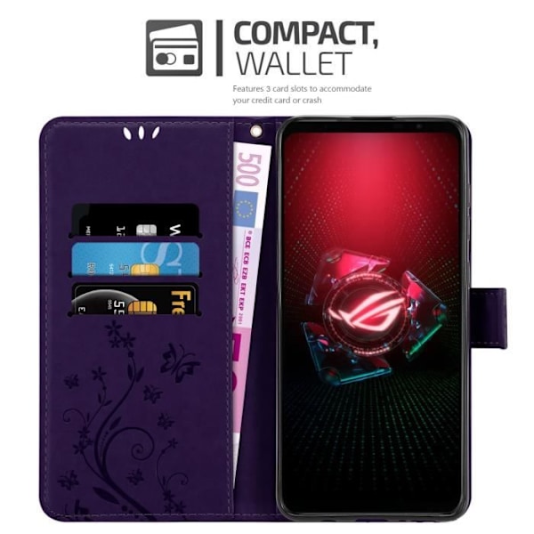 Coque för Asus ROG Phone 5 - CADORABO - Blommig Fodral - Syntetläder - Ställfunktion - Fullständig Skydd Mörklila blommig