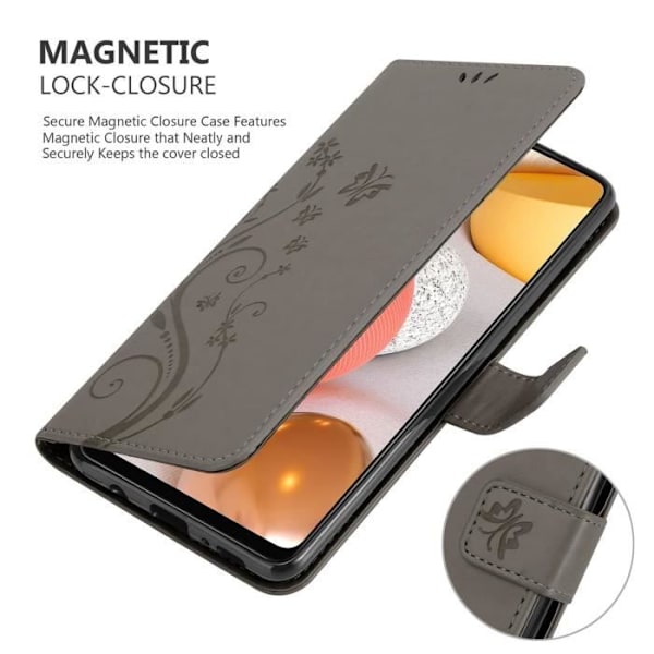 Coque - CADORABO - Samsung Galaxy A42 5G / M42 5G - Grå Blommor - Konstläder - Plånbok med Stödfunktion Blommig grå