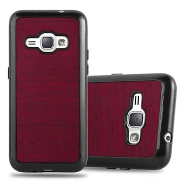 Samsung Galaxy J1 2016 (6) fodral i RÖTT TRÄ från Cadorabo (WOOD DESIGN) Ultratunnt mjukt silikongel TPU-fodral med anti