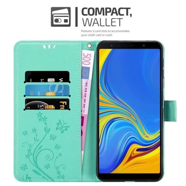 Coque - CADORABO - Samsung Galaxy A7 2018 - Syntetiskt läder med blommotiv - 3 kortfack - Praktiskt stativ Grön