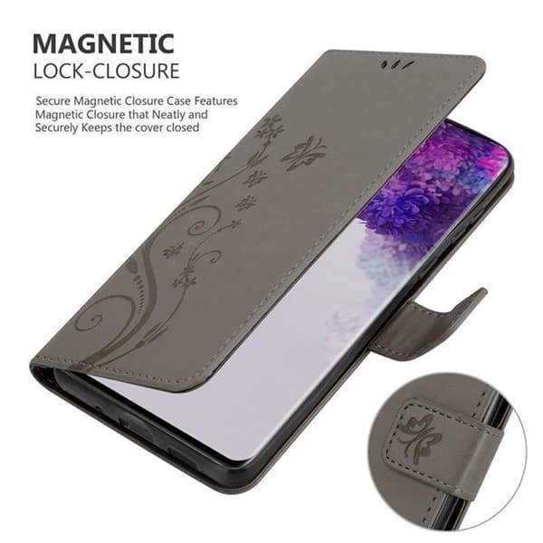 Fodral med lock för Samsung Galaxy S20 ULTRA Fodral i GRÅ BLOMMÖNSTER Skydd Design Blommig Plånbok Grå