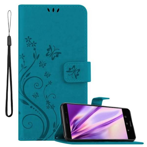 Coque - CADORABO - MATE 9 - Similicuir - Blommig - Ställfunktion och fack för kort Blå