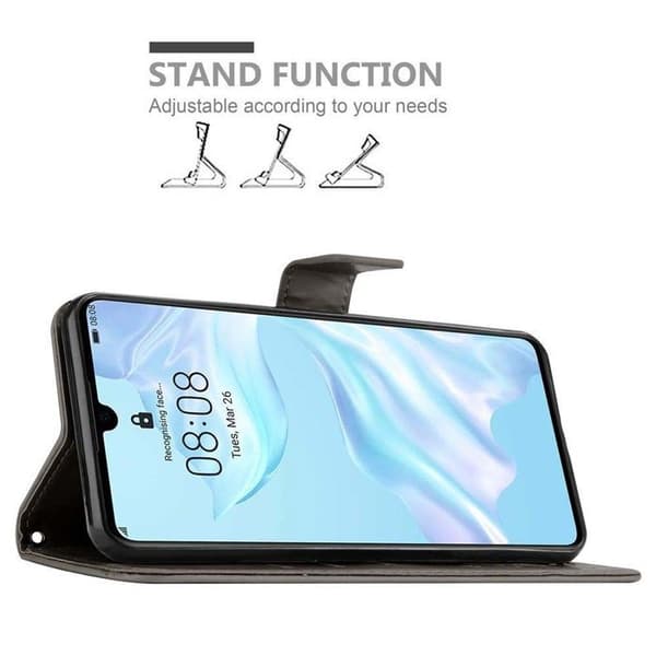 Fodral med lock för Huawei P30, Grå Blommig Design, Plånboksfodral Grå