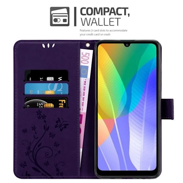Coque för Huawei Y6P - CADORABO - Mörklila Blommor - Syntetläder - Ställfunktion - Komplett Skydd Mörk lila