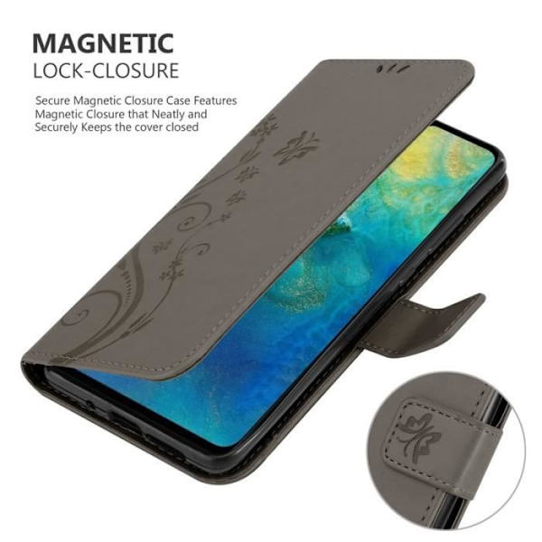 Fodral till Huawei MATE 20 - CADORABO - Blommönster - Imiterat läder - 3 kortplatser - Praktiskt stöd Grå