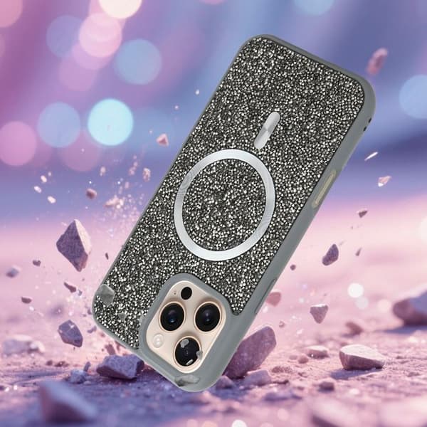 iPhone 16 PRO-fodral i GRÅ Stötsäker Magsafe-kompatibel med diamantglitterstil Grå