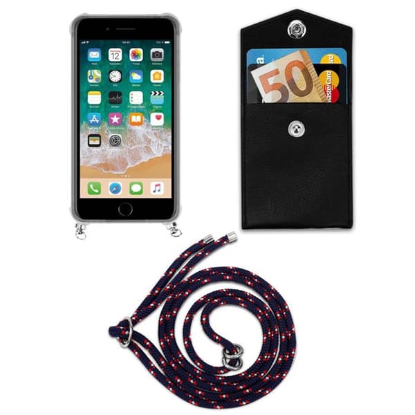 Skal för iPhone 7 PLUS / 7S PLUS / 8 PLUS med axelrem i BLÅ RÖD VIT PRICKIG med justerbar snodd Blå