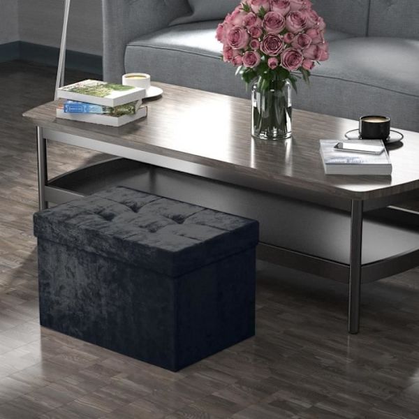 Pouf - INTIRILIFE - Fällbar Modell - Svart Sammet - 49x30x30 cm - Dekorativ Förvaring Svart