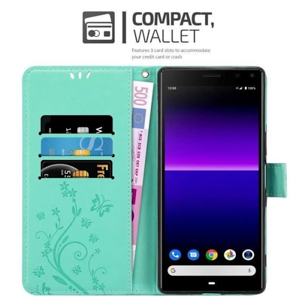 Fodral - CADORABO - Sony Xperia 8 - Blommigt konstläder - Magnetisk stängning - Stativfunktion Grön