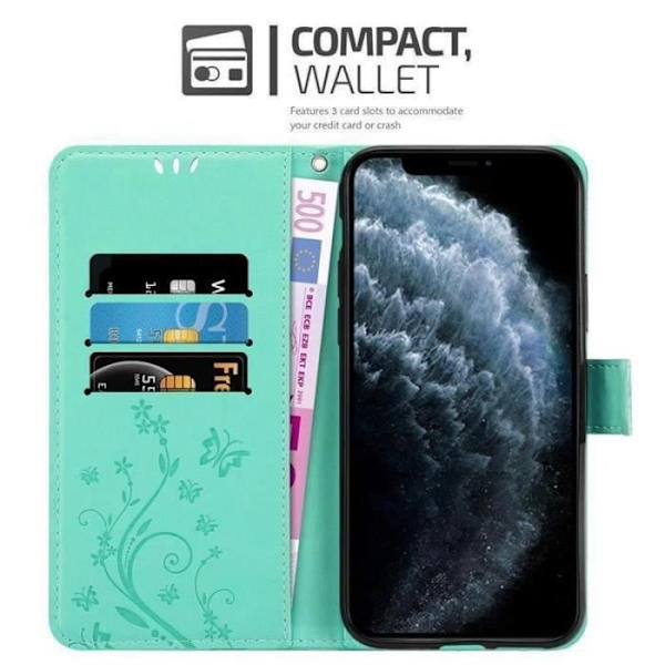 Coque - CADORABO - iPhone 11 - Simili läder Blommönster - Magnetstängning - Ställfunktion Grön