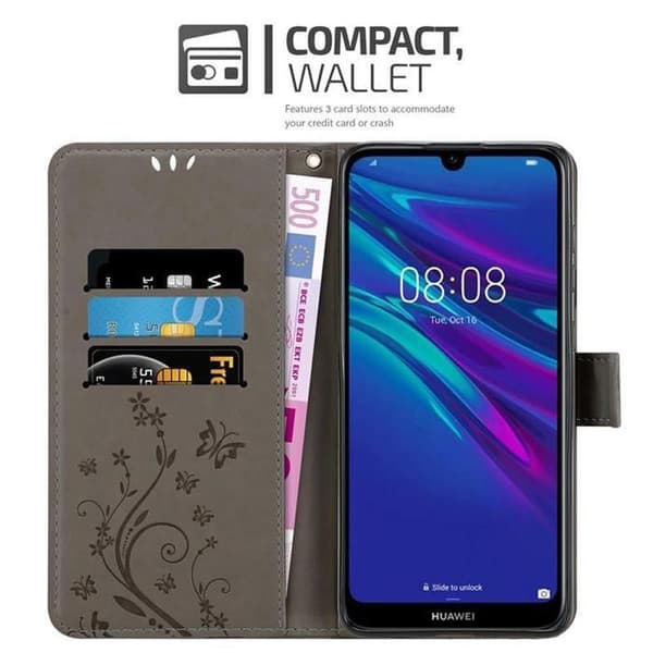 Fodral med lock för Huawei Y6 2019 Etui i GRÅ BLOMMÖNSTER Skydd Design Blommig Plånbok Grå