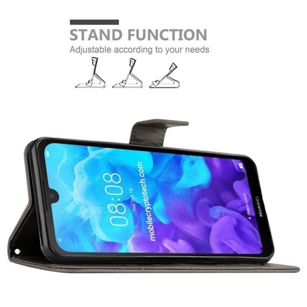 Etui för Huawei Y6 PRO 2019 - CADORABO - Grå Blomma - Syntetläder - Ställfunktion - Kortfack BLOMMIG GRÅ