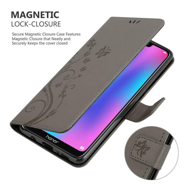 Fodral med lock för Honor 8C, Grå Blommig Design, Plånboksfodral Grå