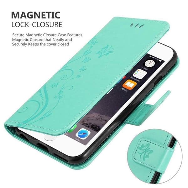 Fodral med lock för iPhone 6 / 6S Etui i TURKOS BLOMMÖNSTER Skydd Design Blommig Plånbok Blå