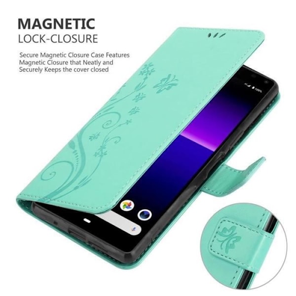 Fodral - CADORABO - Sony Xperia 8 - Blommigt konstläder - Magnetisk stängning - Stativfunktion Grön