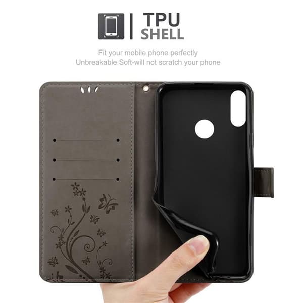 Fodral med lock för Honor 8X Etui i GRÅTT BLOMMÖNSTER Skydd Design Blommig Plånbok Grå