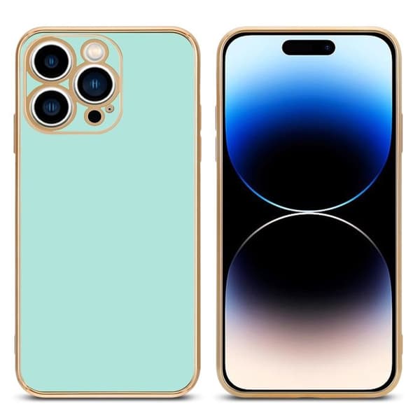 iPhone 14 PRO MAX Fodral Glansig Mintgrön - Guld med skydd för kamera Grön