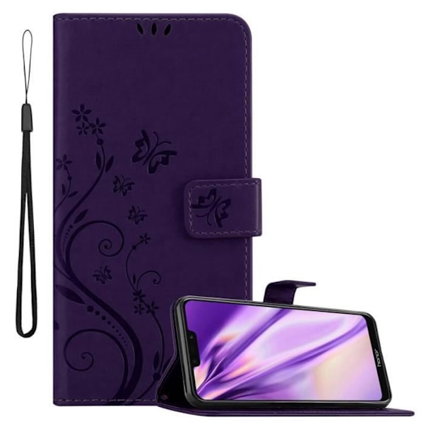 Etui för Honor 8C - CADORABO - Mörklila Blommig - Syntetläder - Ställfunktion - Fack för Kort Mörklila blommig