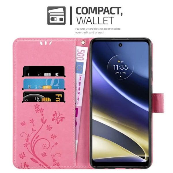 Coque - CADORABO - Motorola MOTO G51 5G - Similicuir - Rosa Blommig - Plånbok med ställfunktion Rosa blommig
