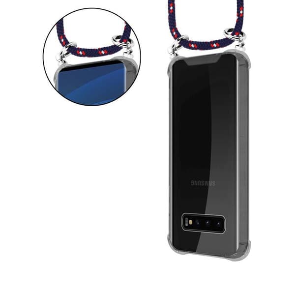 Skydd för Samsung Galaxy S10 PLUS med axelrem i BLÅ RÖD VIT PRICKIG med justerbar snodd Blå