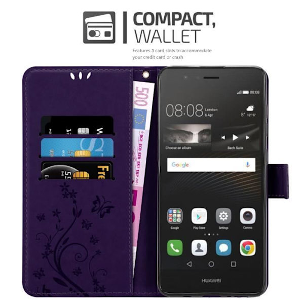Coque för Huawei P9 LITE 2016 - CADORABO - Floral Fodral - Simili läder - Ställfunktion - Plånbok Mörklila blommig
