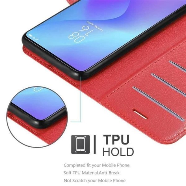 Fodral - CADORABO - Xiaomi Mi 9T / 9T PRO - Rött konstläder - Stativfunktion - 3 kortfack Röd