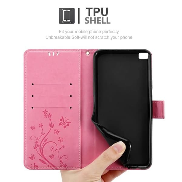 Fodral med lock för Huawei P8 Etui i ROSA BLOMMÖNSTER Skydd Design Blommig Plånbok Ros