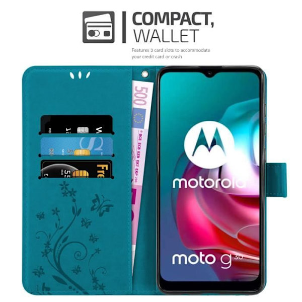 Telefonfodral - CADORABO - MOTO G10 / G30 - Syntetiskt läder - Blå blommönster - Ställfunktion BLOMMA BLÅ