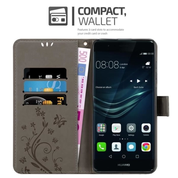 Fodral för Huawei P9 PLUS - CADORABO - Grå Blommönster - Syntetläder - Plånboksfodral - Skydd med Ställning Blommig grå