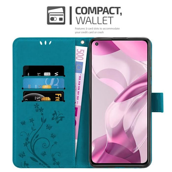 Mobilskal för Xiaomi Mi 11 LITE - CADORABO - BLÅ FLORAL - Syntetläder - Ställfunktion - Plats för kort BLOMMA BLÅ