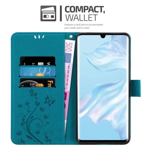 Skydd för Huawei P30 PRO - CADORABO - BLÅ BLOMSTER - Konstläder - Ställfunktion - Platser för kort BLOMMA BLÅ
