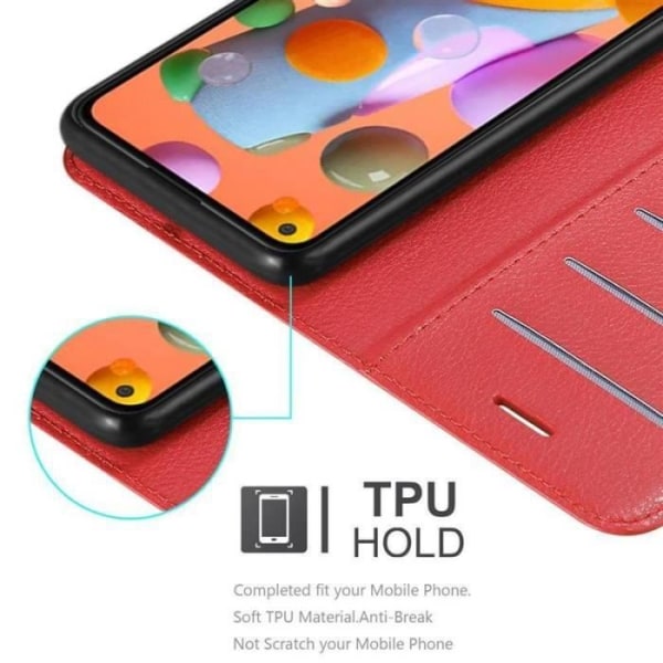 Fodral - CADORABO - Samsung Galaxy A11 - Rött konstläder - Stativfunktion - Kortfack Röd