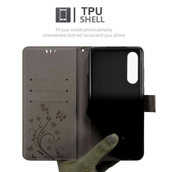 Fodral med lock för Huawei P30, Grå Blommig Design, Plånboksfodral Grå