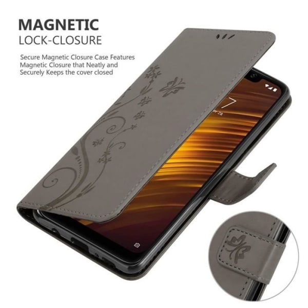 Skydd för Xiaomi Pocophone F1 - CADORABO - Grå Blommig - Syntetiskt Läder - Ställfunktion - Platser för Kort Blommig grå