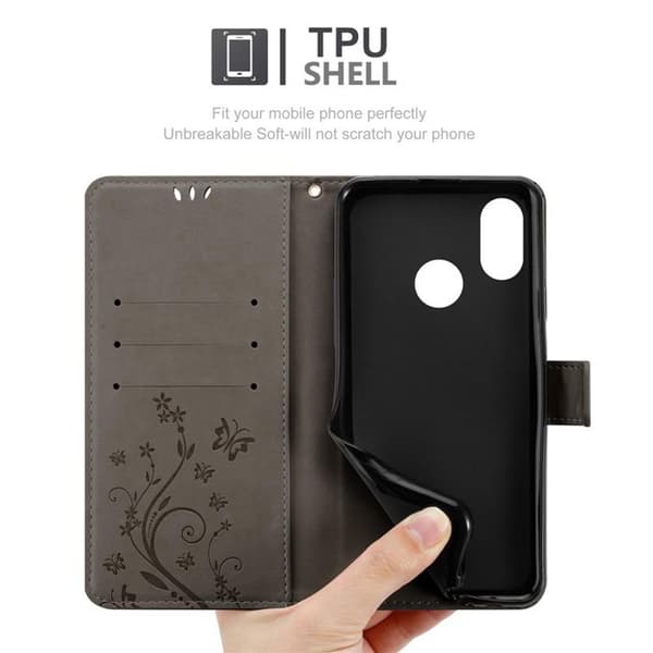 Fodral med lock för Xiaomi Mi 8 Etui i GRÅ BLOMMÖNSTER Skydd Design Blommig Plånbok Grå