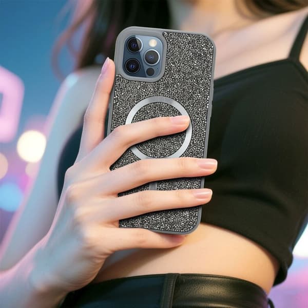 iPhone 12 / 12 PRO skal i GRÅ Stöttålig Magsafe-kompatibel med diamantglitter Grå