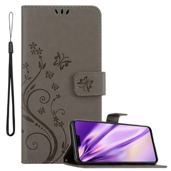 Fodral med lock för Honor 8X Etui i GRÅTT BLOMMÖNSTER Skydd Design Blommig Plånbok Grå