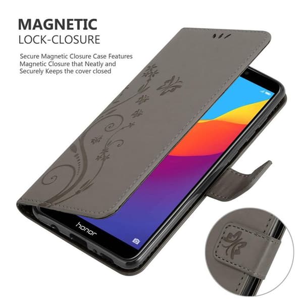 Fodral med lock för Honor 7C / Huawei Y7 2018 Etui i GRÅTT BLOMMÖNSTER Skydd Design Blommig Plånbok Grå