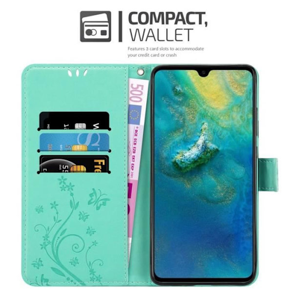 Fodral till Huawei MATE 20 - CADORABO - Blommönster - Imiterat läder - Stativfunktion - 3 kortplatser Grön
