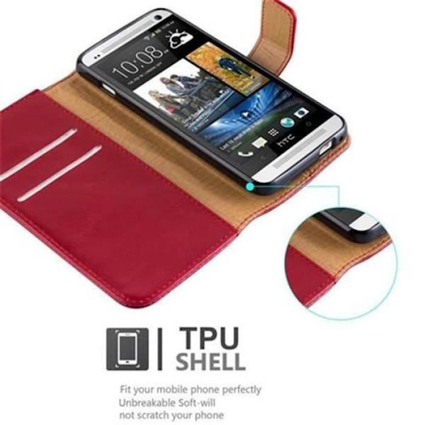 HTC ONE M7 Fodral i CHERRY RED av Cadorabo (LYXdesign) Helt skyddsfodral med flip flik och horisontellt stativ